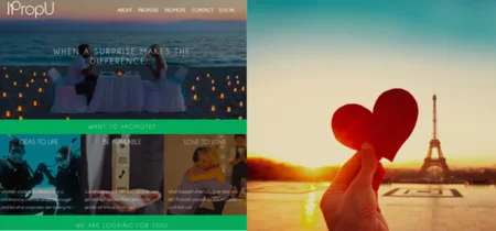 Left half a landing page headed "When a surprise makes the difference"; right half a paper heart before the Eiffel Tower.