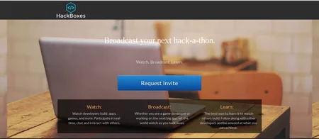 Landing page with a laptop photo background, a headline about broadcasting a hack-a-thon and a Request Invite button.