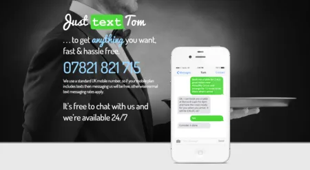 Dark landing page for a text concierge with a phone showing an SMS chat and a large phone number.