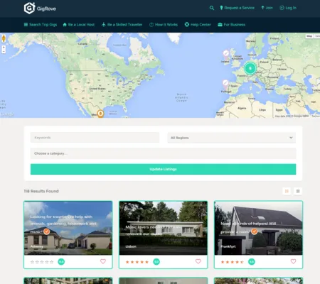 Property search with a map of North America, search fields and listing cards with house photos.