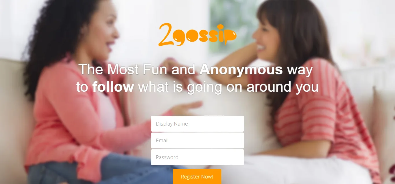 Orange 2gossip wordmark and signup form over a blurred photo of two women talking on a sofa.