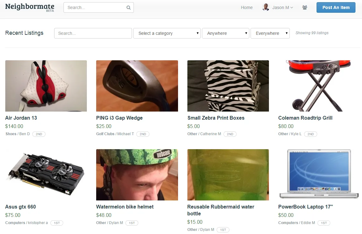 Neighborhood marketplace showing recent listings with item photos, prices and seller names.