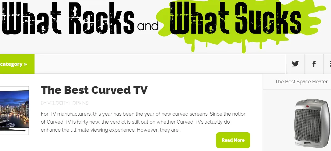 Review site with 'What Rocks and What Sucks' logo and a post 'The Best Curved TV'.