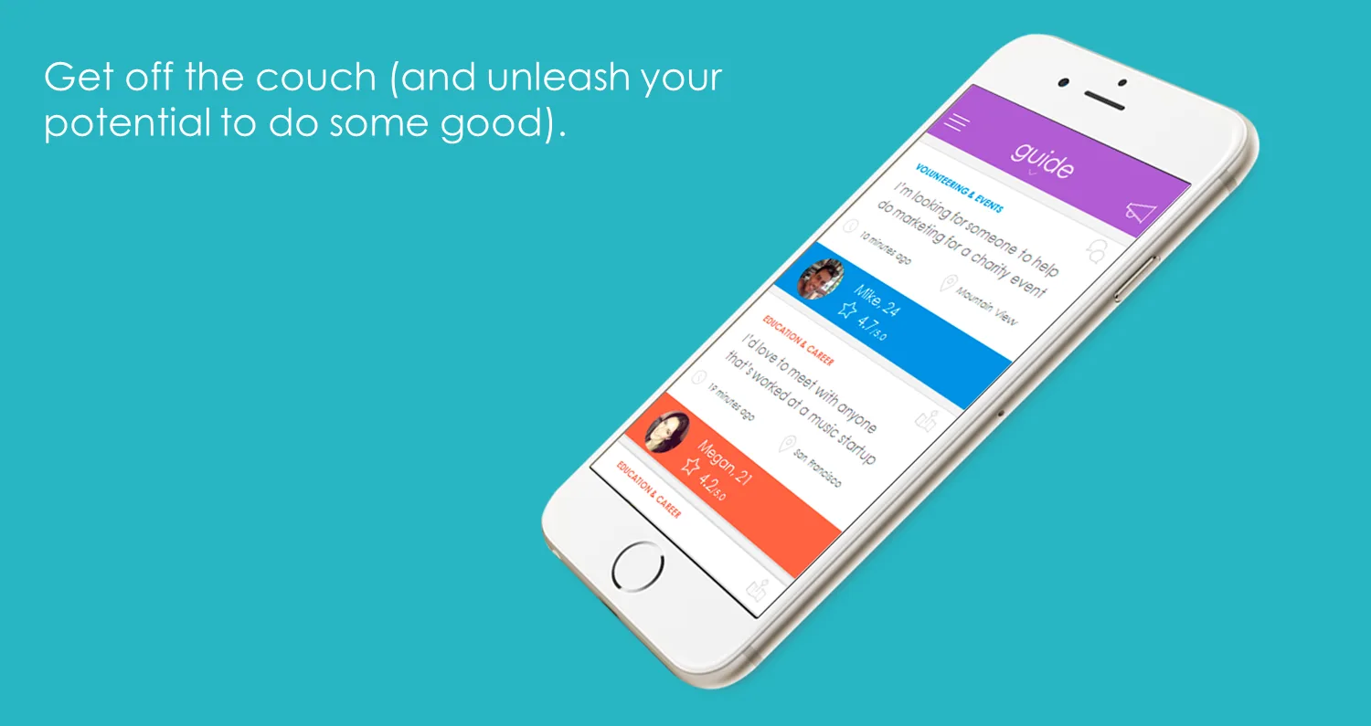 Tilted phone showing a feed of volunteering and career requests beside the text "Get off the couch".