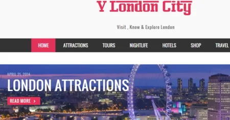 Homepage 'V London City' with 'London Attractions' over a London skyline.