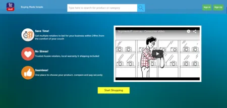 Blue page with an illustrated video frame and three short feature items with icons.