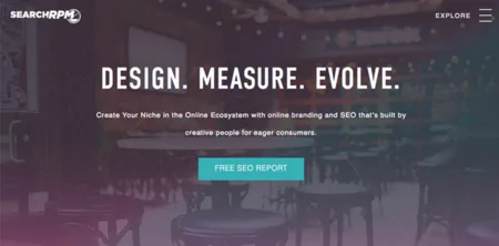 Homepage 'Design. Measure. Evolve.' over a dim cafe photo with a 'Free SEO Report' button.