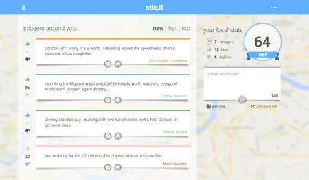 Web app feed 'stiqgers around you' with posts, vote controls and a local stats panel.