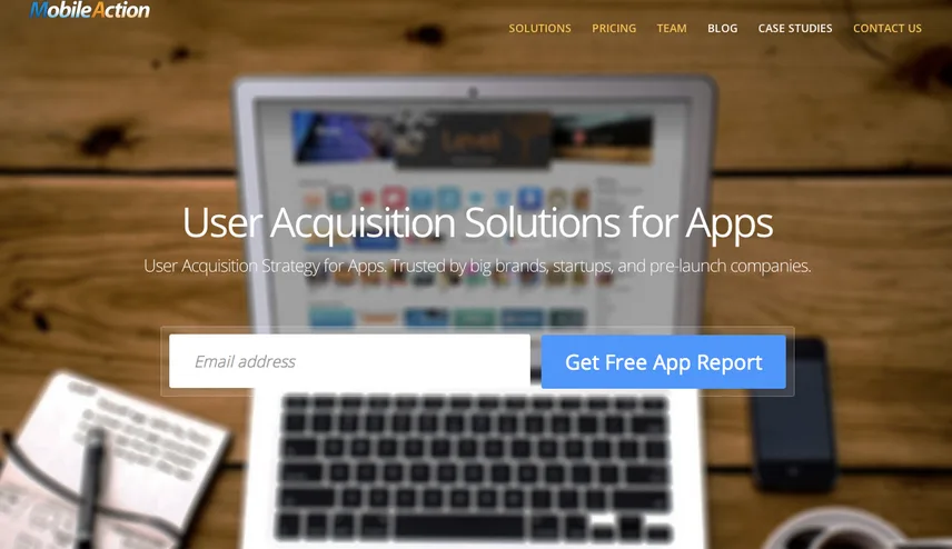 Landing page headlined "User Acquisition Solutions for Apps" over a laptop photo.
