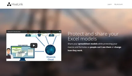Landing page headlined "Protect and share your Excel models" with a video preview of a spreadsheet diagram.