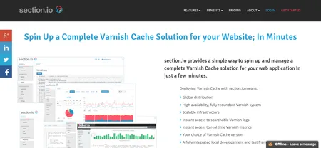 Homepage 'Spin Up a Complete Varnish Cache Solution for your Website; In Minutes' with a feature list.