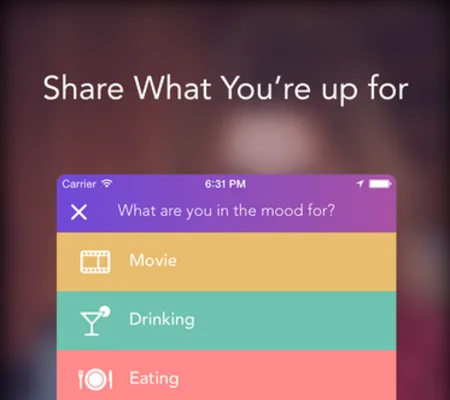 Phone showing mood options Movie, Drinking, Eating under 'Share What You're up for'.