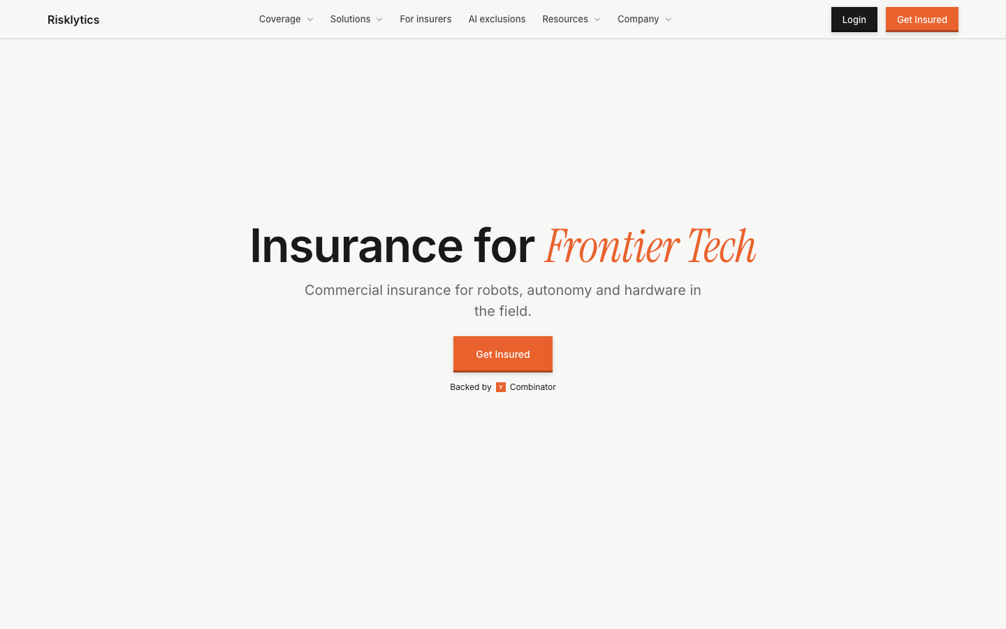 The Risklytics homepage, "Insurance for Frontier Tech", commercial insurance for robots, autonomy and hardware
