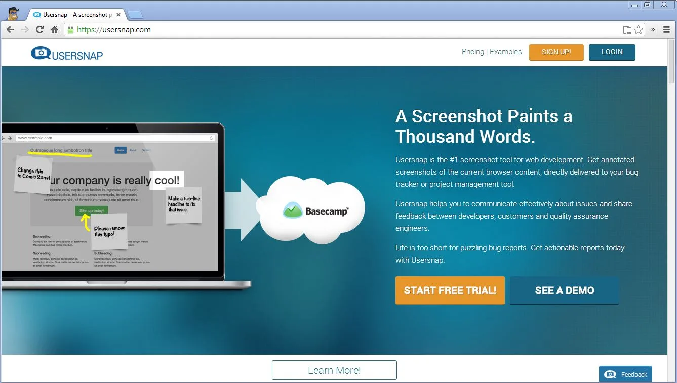 Homepage 'A Screenshot Paints a Thousand Words.' in a browser window.