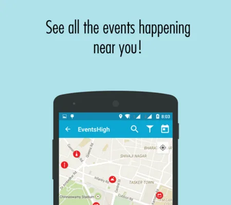 'See all the events happening near you!' above an Android phone showing a map.