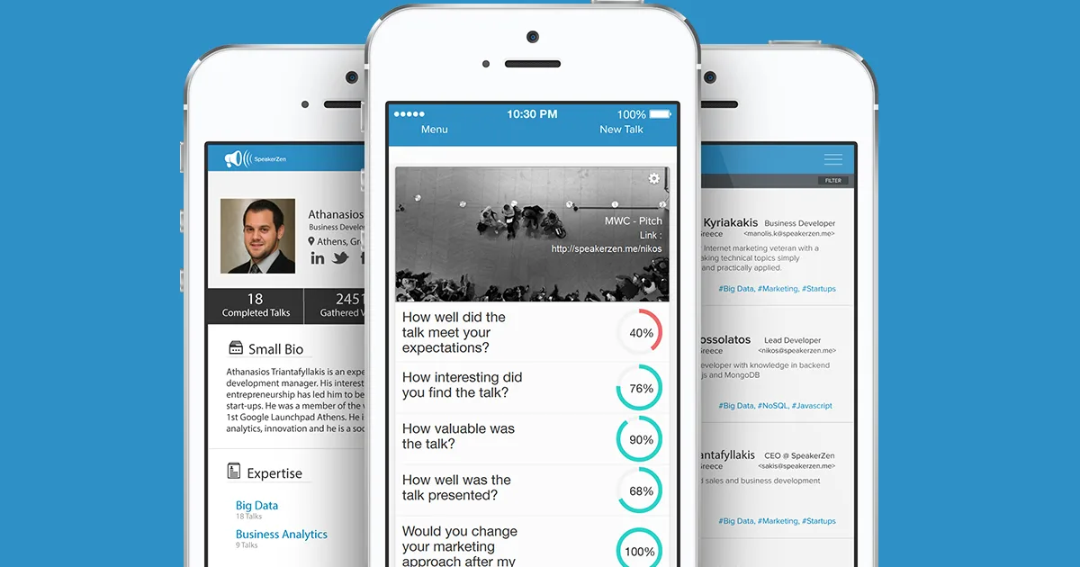 Three iPhones showing a speaker profile and talk feedback questions with percentage rings.