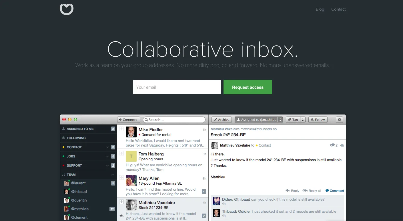 Front page 'Collaborative inbox.' with a shared inbox app screenshot on a dark background.