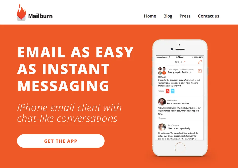 Orange landing page headlined "EMAIL AS EASY AS INSTANT MESSAGING" with a phone showing a chat-style email client.