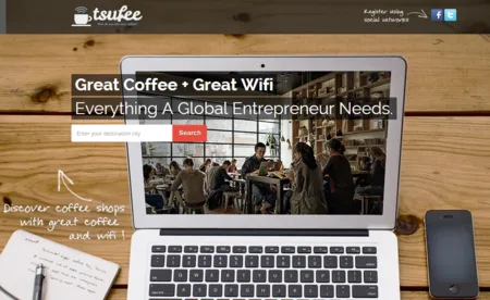 Homepage 'Great Coffee + Great Wifi' with a laptop on a wooden table.