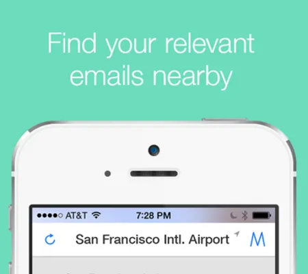 Teal promo graphic reading "Find your relevant emails nearby" with a phone showing a location header.