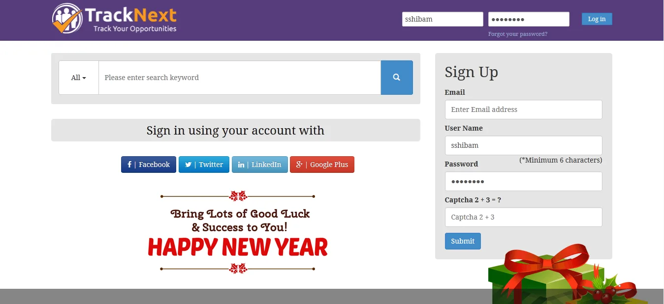Homepage 'TrackNext Track Your Opportunities' with a search bar, signup form and New Year greeting.