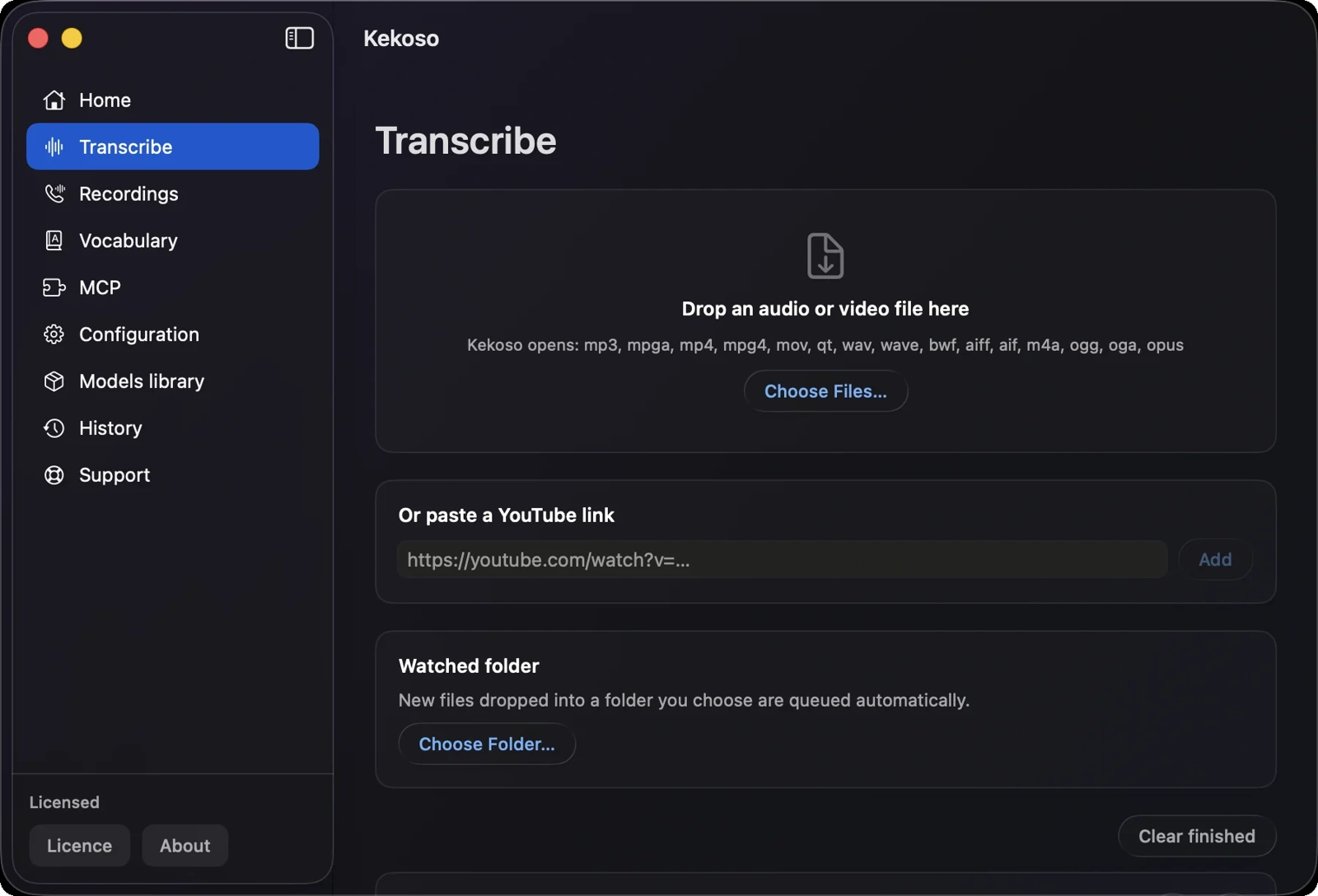 Kekoso's transcription window with file input and a field for a video link