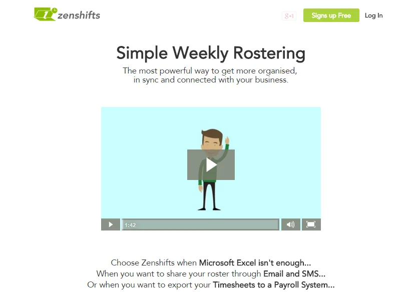 Homepage 'Simple Weekly Rostering' with an explainer video player.
