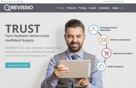 Homepage 'TRUST Turn hesitant visitors into confident buyers' with a man holding a tablet.