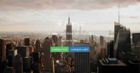 Landing page with a city skyline photo, a headline about a part-time job market and two buttons.