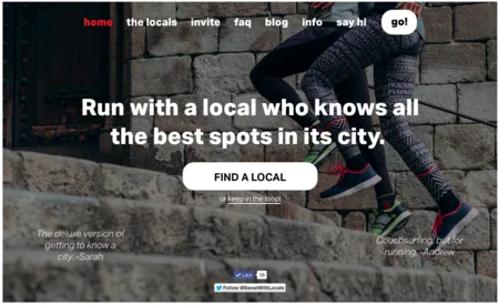 Homepage 'Run with a local who knows all the best spots in its city.' with a runner on stone steps.