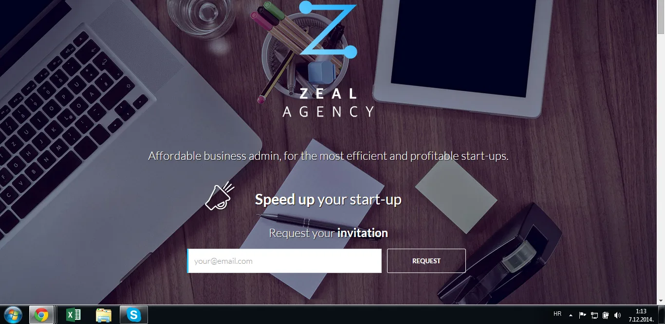 Homepage 'Zeal Agency' with 'Speed up your start-up' form over a desk photo.