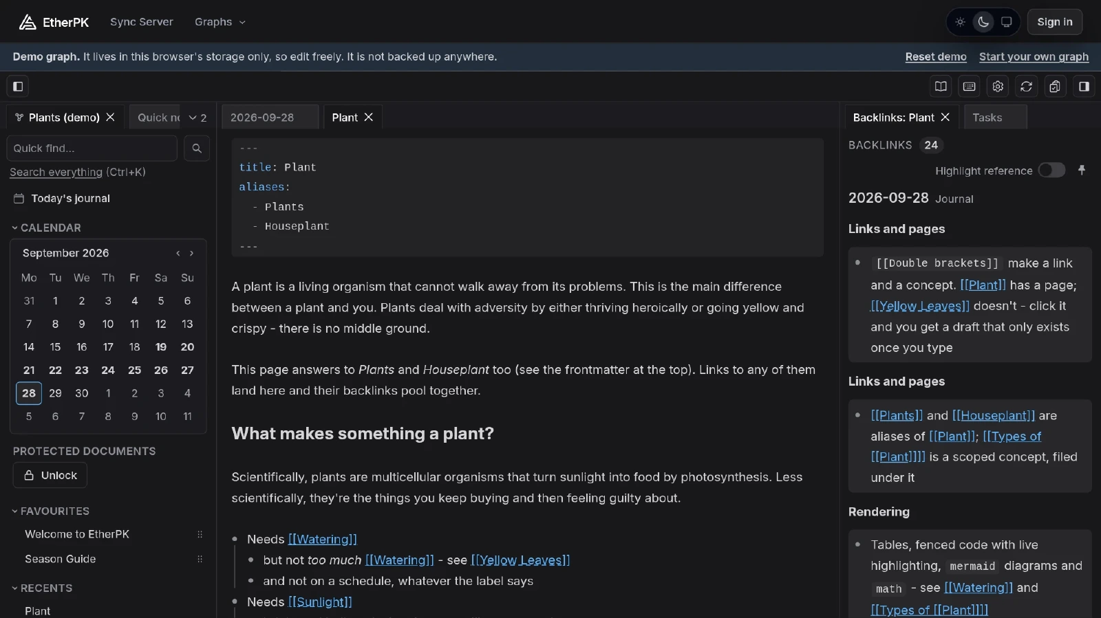 The EtherPK editor open on a note with the markdown pane and the graph sidebar