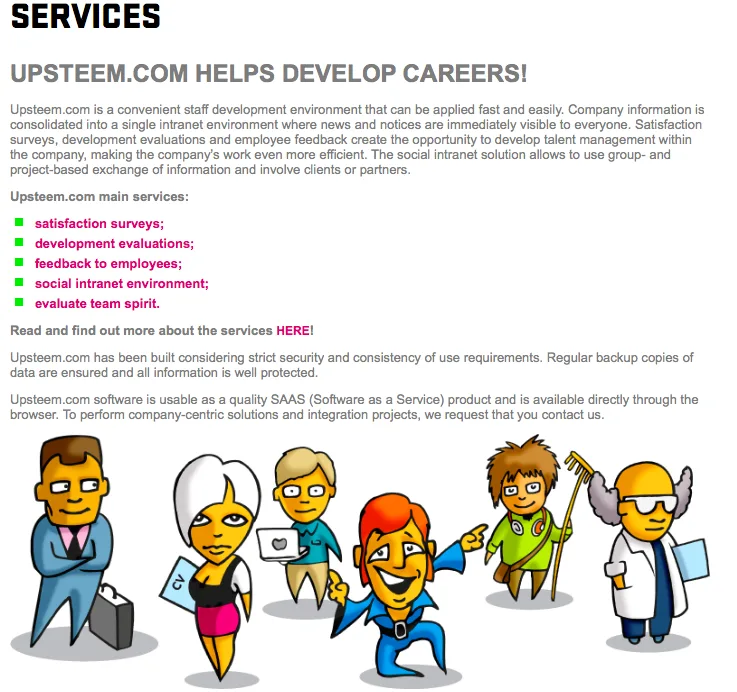 Text graphic 'Upsteem.com helps develop careers!' with a service list and cartoon business people.