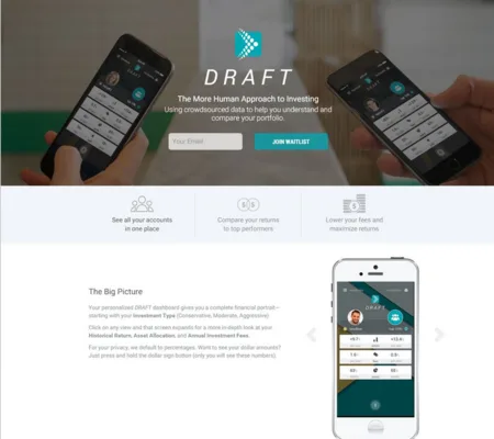 DRAFT page 'The More Human Approach to Investing' with a hand holding a phone.