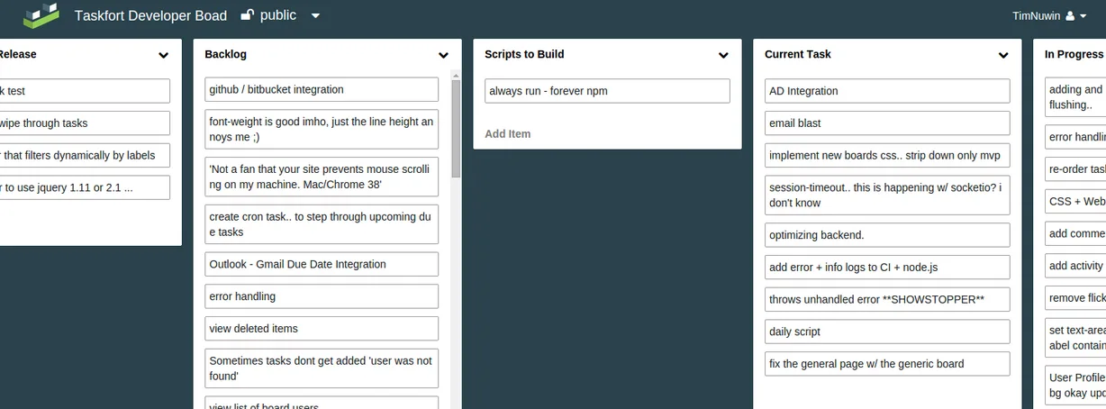 Dark kanban board 'Taskfort Developer Board' with columns of task cards.