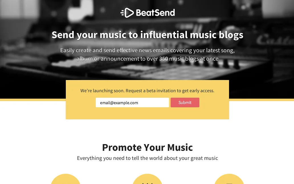 BeatSend dark hero 'Send your music to influential music blogs' with an email beta signup.