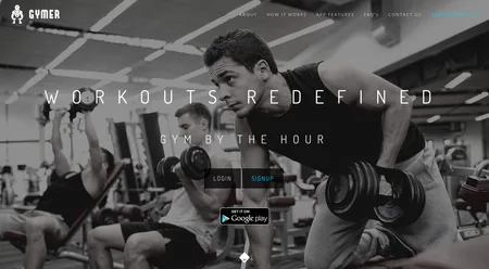 Black and white gym photo of men lifting dumbbells behind the headline "Workouts Redefined, Gym by the Hour".