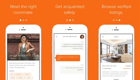 Three phones showing a roommate profile, a chat and an apartment listing on an orange background.