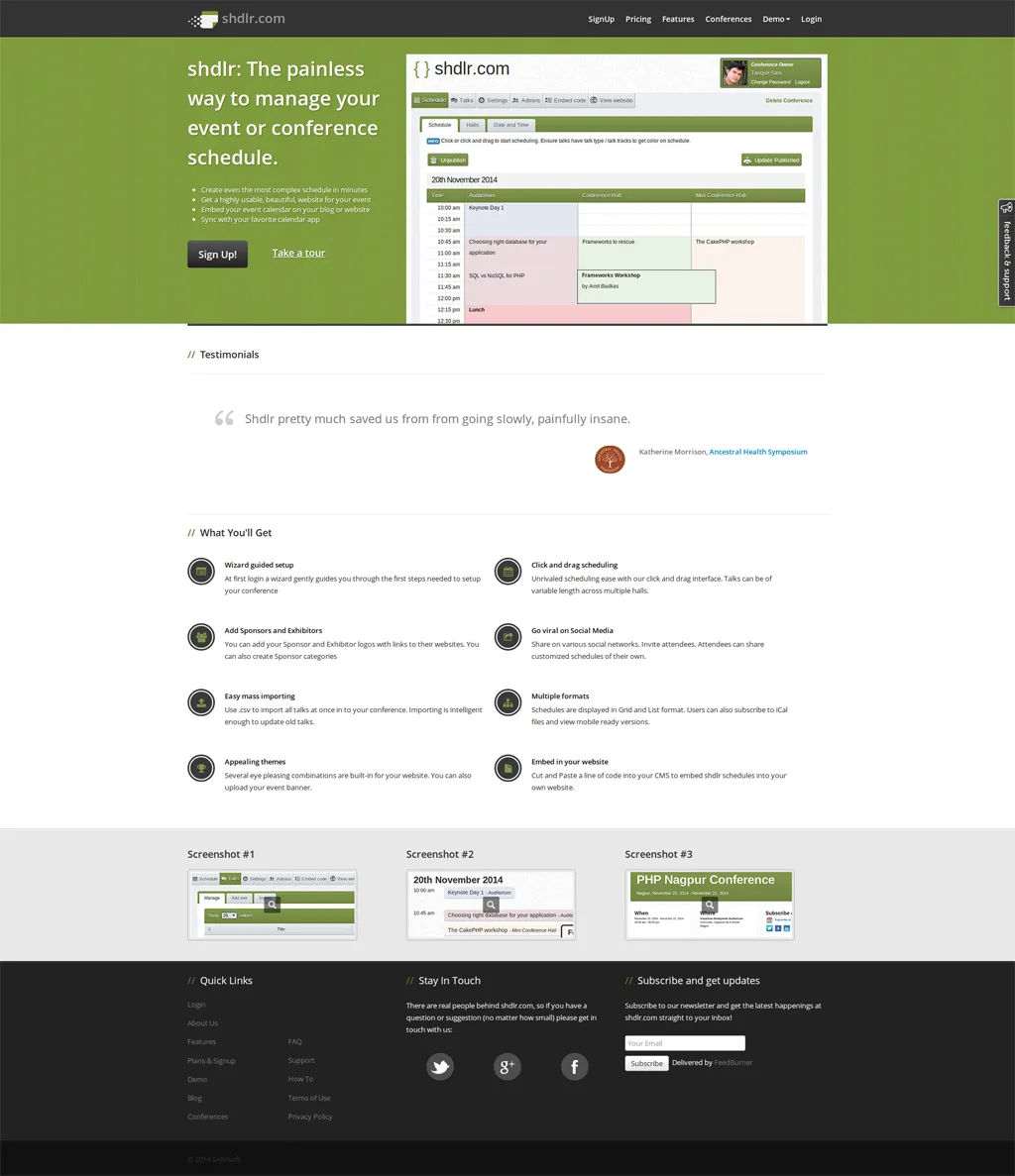 Homepage 'shdlr: The painless way to manage your event or conference schedule' with a schedule screenshot.