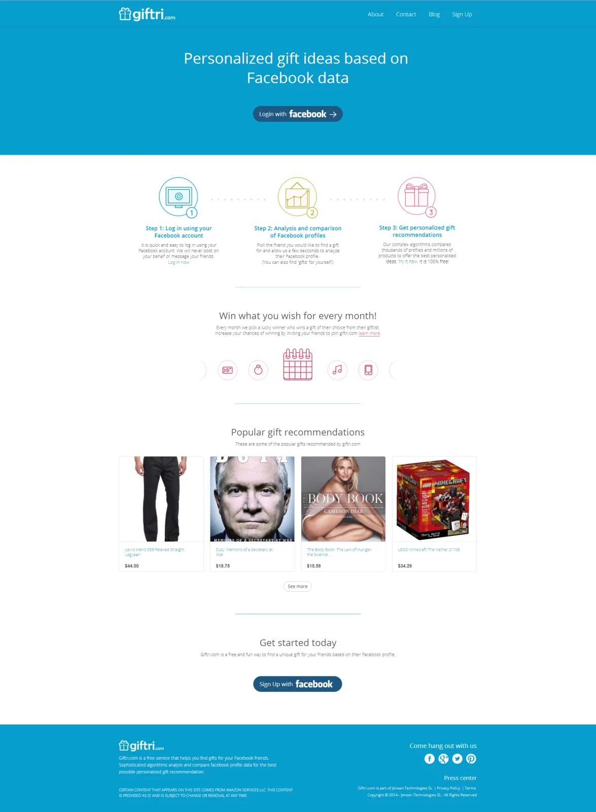 Tall Giftri page 'Personalized gift ideas based on Facebook data' with product images.