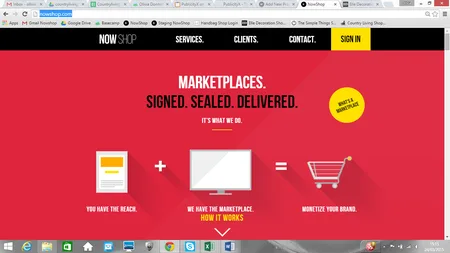 Red landing page headlined "MARKETPLACES. SIGNED. SEALED. DELIVERED." with icons.