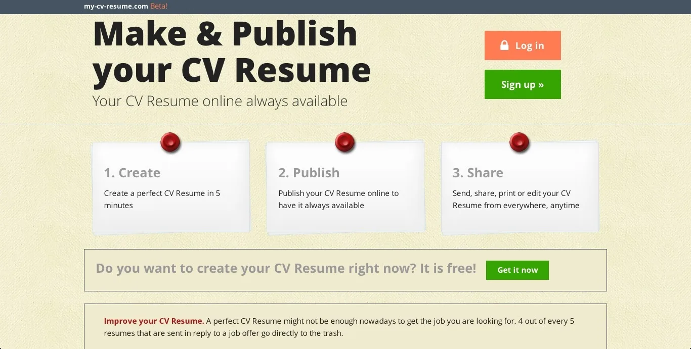 Landing page headlined "Make & Publish your CV Resume" with three steps: Create, Publish, Share.