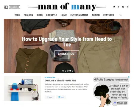 Men's lifestyle site homepage with a clothing flat-lay feature titled "How to Upgrade Your Style from Head to Toe".