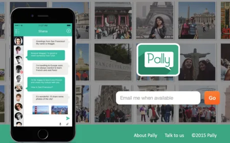 Landing page with a phone showing a chat app over a grid of travel photos of people, and an email form.
