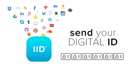 Promo graphic with a blue IID app icon, the text "send your DIGITAL ID" and a cloud of social network icons.