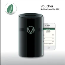 Product render of a black cylindrical device with a V logo beside a phone.