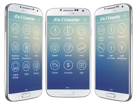 Three Samsung Galaxy phones showing the A to Z Converter app grid of unit category icons.