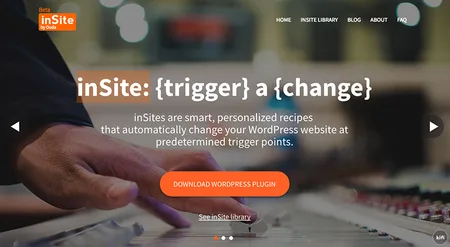 Landing page headlined "inSite: {trigger} a {change}" over a photo of hands at a laptop, with a plugin download button.