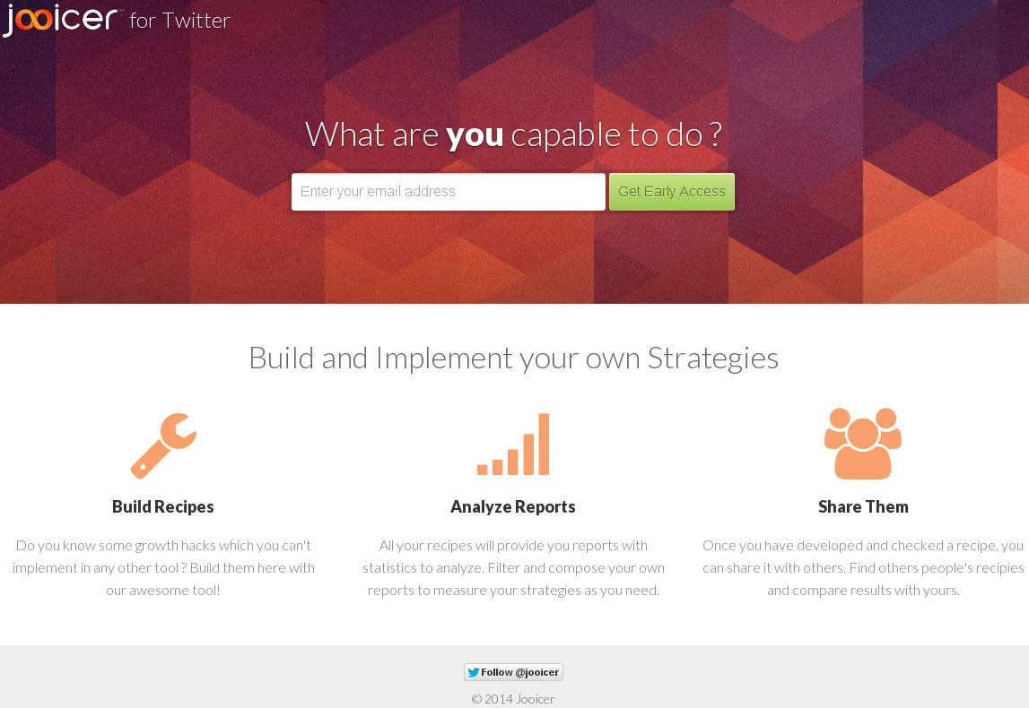 Landing page headlined "What are you capable to do?" with an email field and three feature icons.