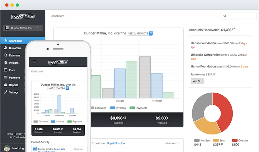 Invoicing dashboard with a bar chart and receivables list in a browser window, with a phone version in front.